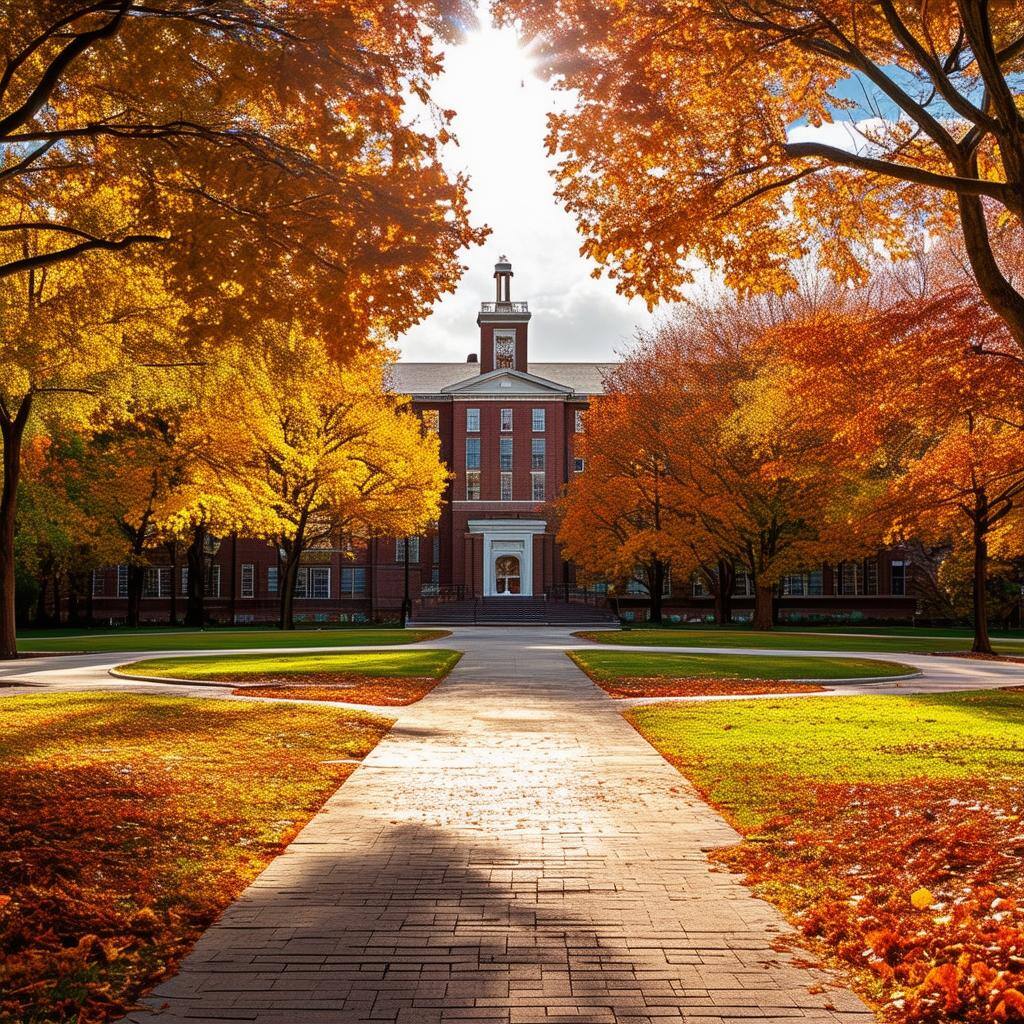 college campus quad on a nice fall day with warm sunshine